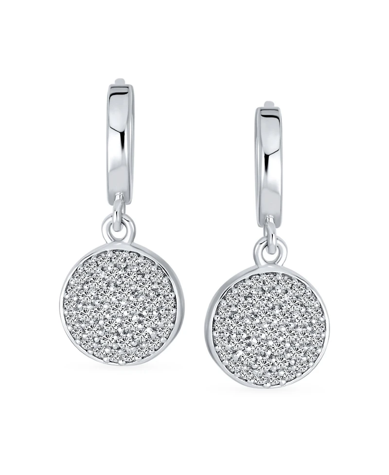 Bling Jewelry Geometric Cz Pave Circle Coin Drop Huggie Mini Hoop Earrings .925 Sterling Silver