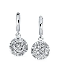 Bling Jewelry Geometric Cz Pave Circle Coin Drop Huggie Mini Hoop Earrings .925 Sterling Silver