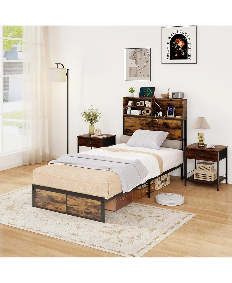 Slickblue Modern Metal Platform Bed with Storage Headboard for Bedroom