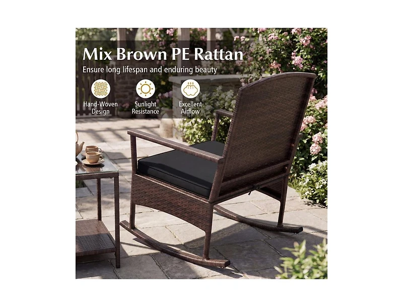 Lucky One 3 Piece Patio Rocking Bistro Set with Cushions 2 Tier Table Rattan Furniture