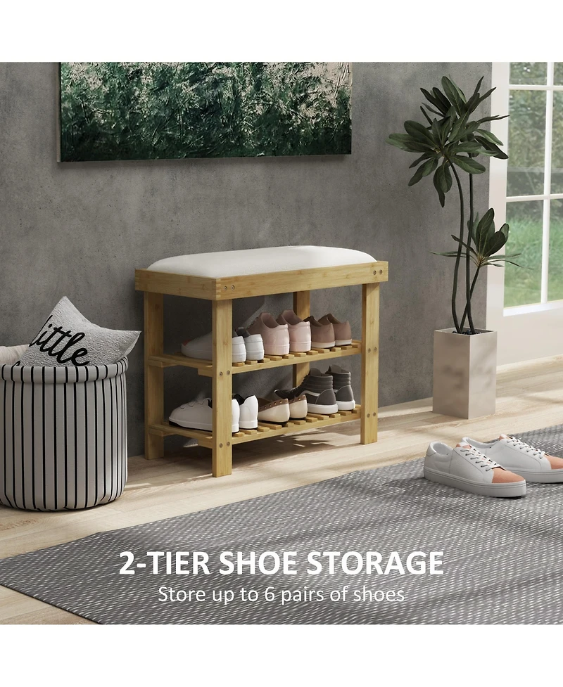 Homcom Bamboo Shoe Bench, Entryway Bench with Storage and Cushion