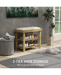 Homcom Bamboo Shoe Bench, Entryway Bench with Storage and Cushion