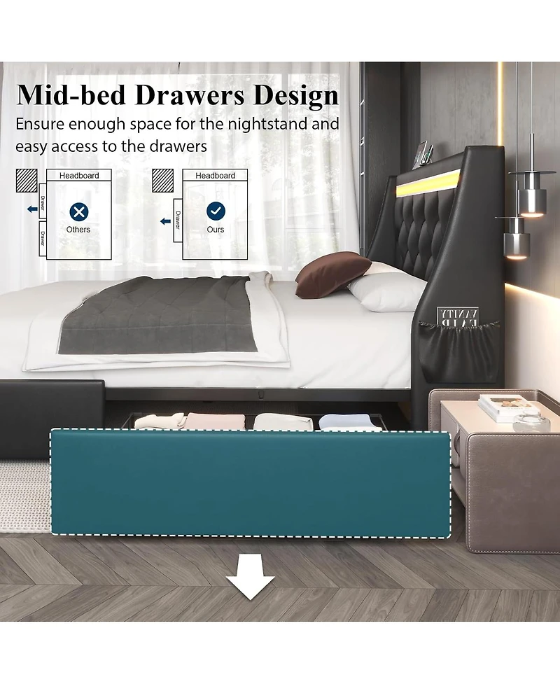 Streamdale Furniture Upholstered Bed with Storage, Led, Charging, No Box Spring