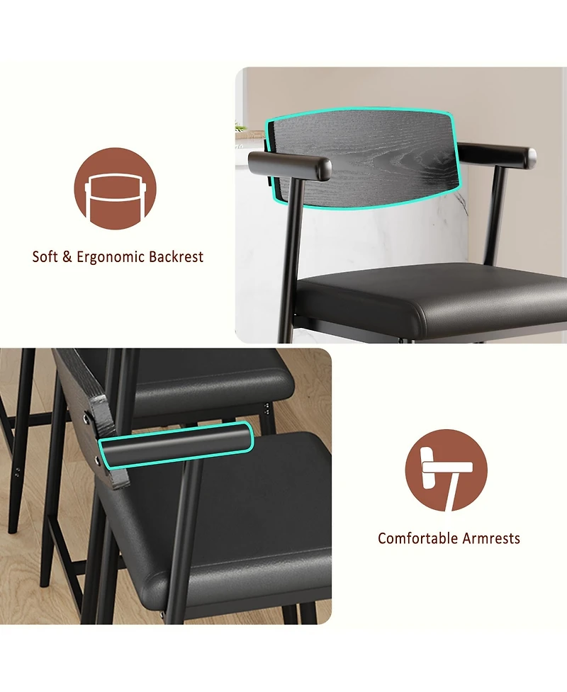 gaomon 3 Sets of Bar Stools with Armrests, 26-Inch Metal Bar Stools, Spacious Seats and Backrests, With Footrests, Suitable for Kitchen Islands