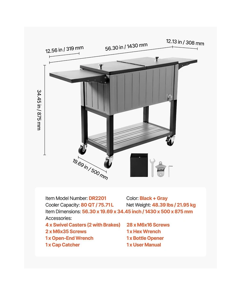 Cozito 80QT Rolling Ice Chest Cart with Bottom Shelf and Foldable Side Shelves
