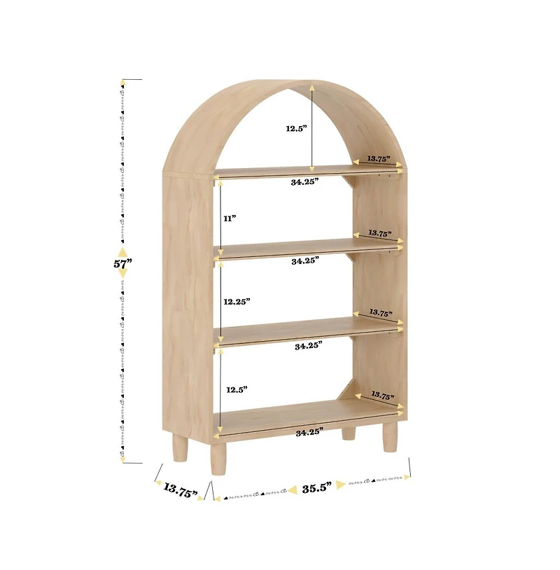 Wood Open Bookshelf with Covered Rounded Top, 4 Shelves, and Cylindrical Legs