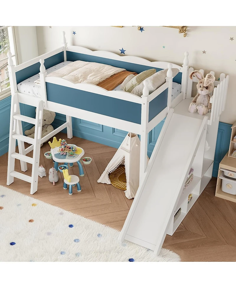 Streamdale Furniture Loft Bed with Storage, Wardrobe, and Slide, Solid Wood