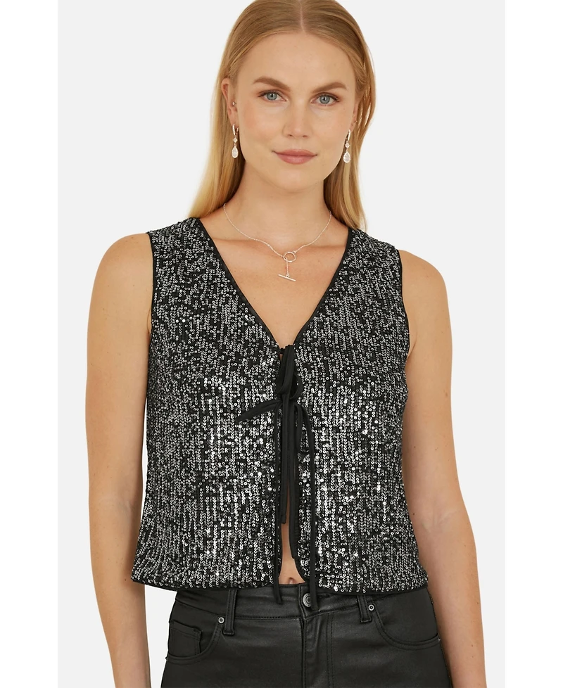 Yumi Women's Sequin Tie Front Waistcoat Top