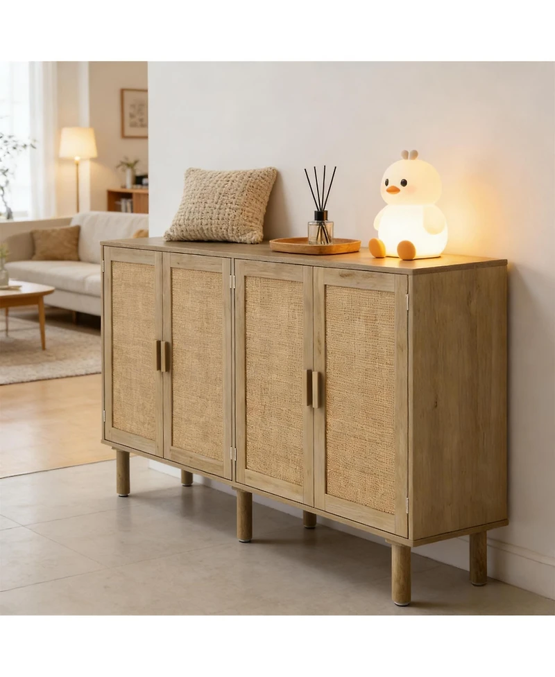 Clihome 62.2" Natural Rattan Storage Cabinet, 2-Door Sideboard Buffet Coffee Bar Cabinet