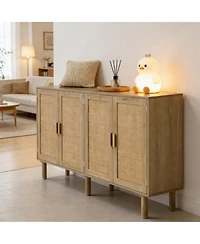 Clihome 62.2" Natural Rattan Storage Cabinet, 2-Door Sideboard Buffet Coffee Bar Cabinet