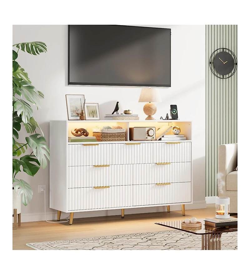 gaomon 6 Drawers Dresser for Bedroom, 47.2" Wide Dressers with Led Lights and Charging Station, Curved Profile Design, Fluted Wood Drawers with Handle
