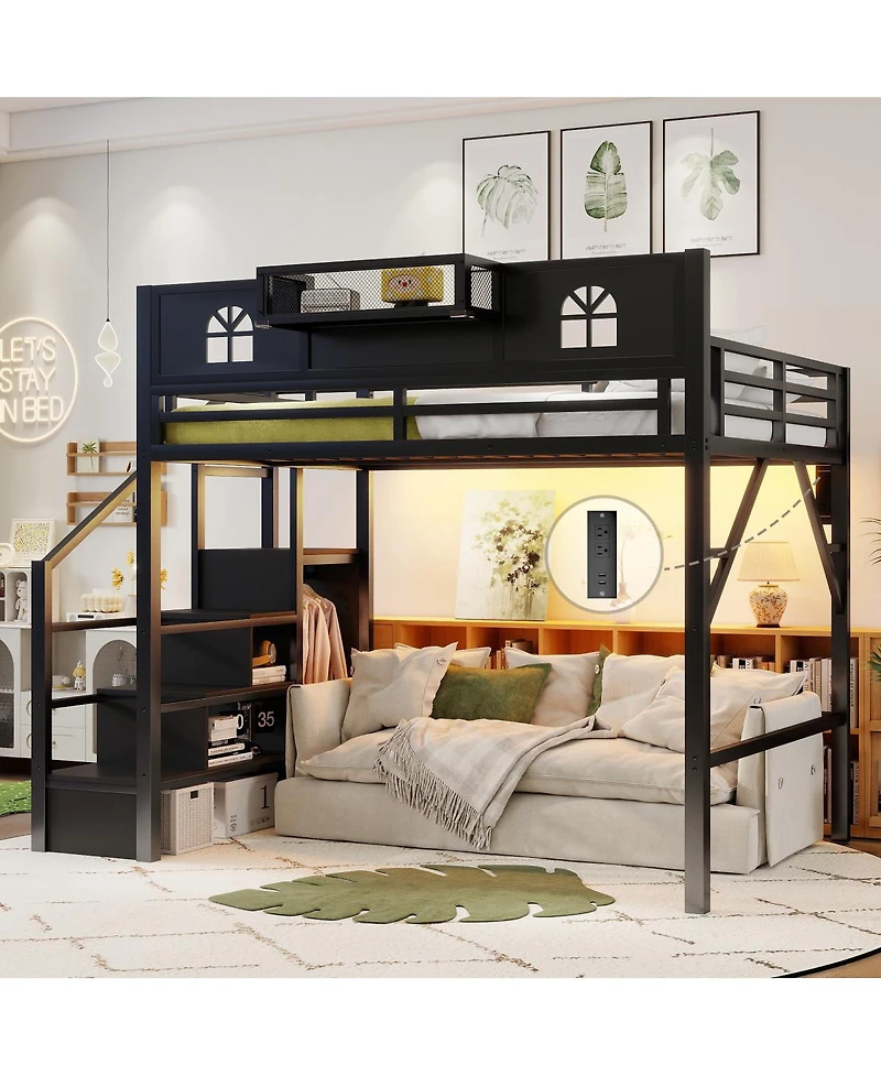 Streamdale Furniture Metal Full Loft Bed with Stairs, Wardrobe