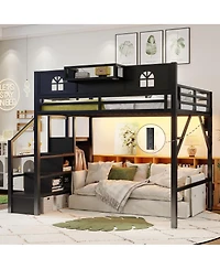 Streamdale Furniture Metal Full Loft Bed with Stairs, Wardrobe