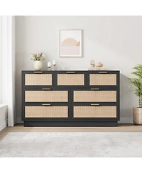 gaomon Farmhouse Rattan Tv Stand for 75 Inch Tv, Wooden Media Entertainment Center with 7 Storage Drawers