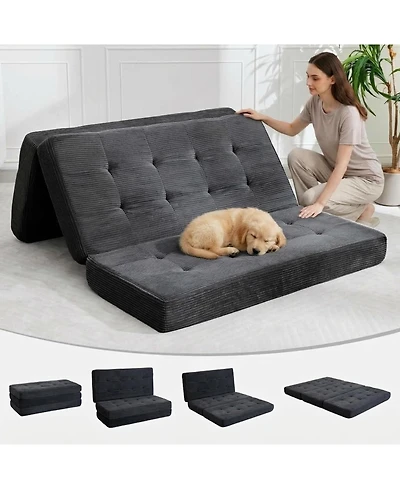 gaomon Corduroy Queen Tri-Folding Sofa Bed and Compressed Mattress - Multifunctional Floor Folding Couch for Small Apartment, Home Office