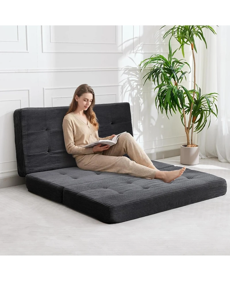 gaomon Corduroy Queen Tri-Folding Sofa Bed and Compressed Mattress - Multifunctional Floor Folding Couch for Small Apartment, Home Office