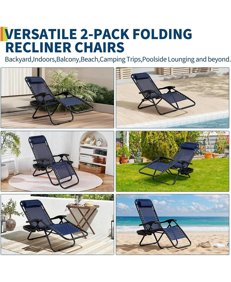 gaomon Set of 2 Blue Reclining Lounge Chairs, Heavy Duty Folding Patio Chairs with Pillow and Cup Holder for Pool, Beach, Backyard