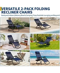 gaomon Set of 2 Blue Reclining Lounge Chairs, Heavy Duty Folding Patio Chairs with Pillow and Cup Holder for Pool, Beach, Backyard