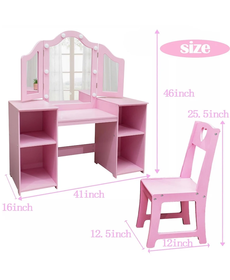 gaomon Princess Vanity Table and Chair Set for Girls, Tri-Folding Mirror with Touch Light, Convertible Desk Storage