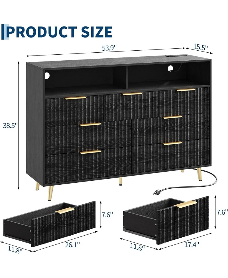 gaomon 7 Drawers Dresser for Bedroom, 54" Wide Dressers with Led Lights and Charging Station, Curved Profile Design, Fluted Wood Handle