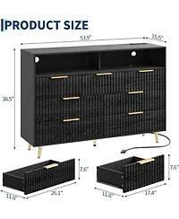gaomon 7 Drawers Dresser for Bedroom, 54" Wide Dressers with Led Lights and Charging Station, Curved Profile Design, Fluted Wood Handle