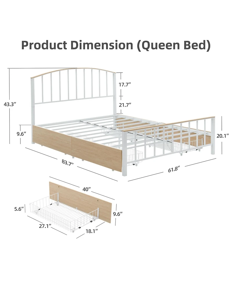 homfan Metal Platform Bed Frame, Four Wheeled Wooden Drawers, Headboard and Footboard, Steel Slat Support, Noise-Free, No Box Spring Required