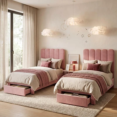 homfan 2 Sets Twin Bed Frame with Under-Bed Drawer, Upholstered Platform Bed with Wave Headboard, Wooden Slats Support