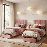 homfan 2 Sets Twin Bed Frame with Under-Bed Drawer, Upholstered Platform Bed with Wave Headboard, Wooden Slats Support