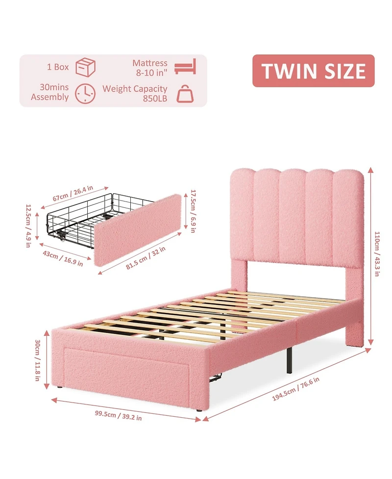 homfan 2 Piece Twin Bed Frame with Under-Bed Drawer, Upholstered Platform Bed with Wave Headboard for Kids, Wooden Slats Support