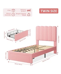 homfan 2 Piece Twin Bed Frame with Under-Bed Drawer, Upholstered Platform Bed with Wave Headboard for Kids, Wooden Slats Support