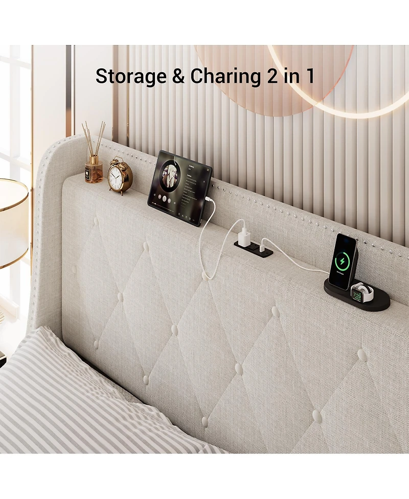 homfan Modern Wingback Upholstered Bed Frame with 4 Storage Drawers, Wooden Slats, Built-in Charging Station