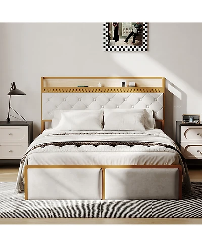 homfan Platform Bed Frame for Kids with Headboard, 2 Storage Drawers, Led Lighting, Usb Ports and Power Outlets, Silent, No Box Spring Needed