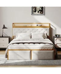 homfan Platform Bed Frame for Kids with Headboard, 2 Storage Drawers, Led Lighting, Usb Ports and Power Outlets, Silent, No Box Spring Needed