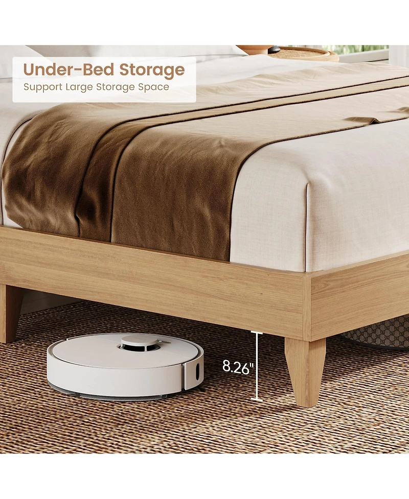 homfan Rattan Bed Frame with Shelves, Boho Bed Frame with Shelf Headboard Sliding Door, Wood Foundation with Silent Slats, No Box Spring Needed
