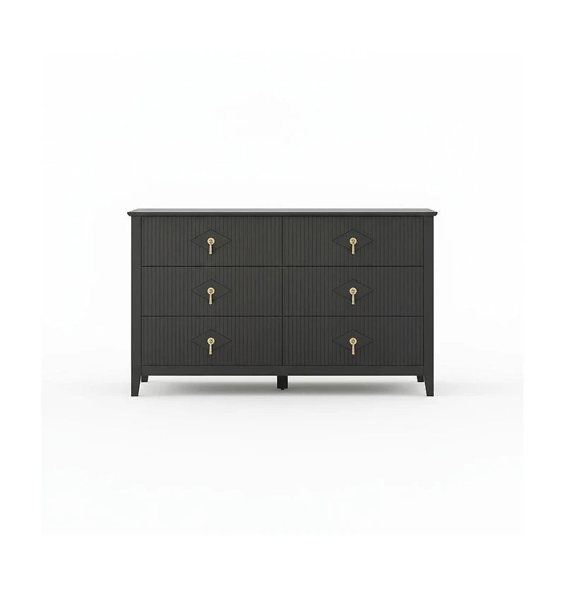 homfan Extra-Wide 6-Drawer Fluted Dresser Chest with Metal Handles, Lacquered Finish Storage Tv Stand for Bedroom, Living Room, Hallway
