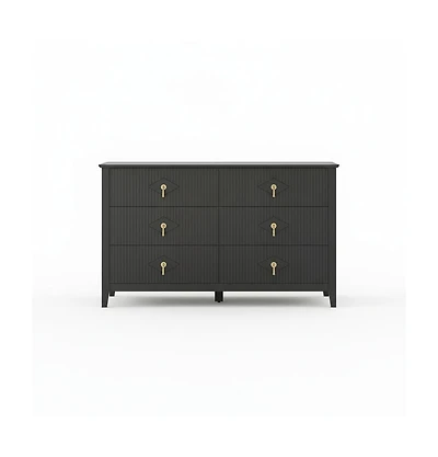 homfan Extra-Wide 6-Drawer Fluted Dresser Chest with Metal Handles, Lacquered Finish Storage Tv Stand for Bedroom, Living Room, Hallway