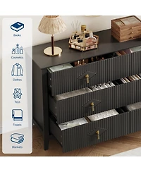 homfan Extra-Wide 6-Drawer Fluted Dresser Chest with Metal Handles, Lacquered Finish Storage Tv Stand for Bedroom, Living Room, Hallway