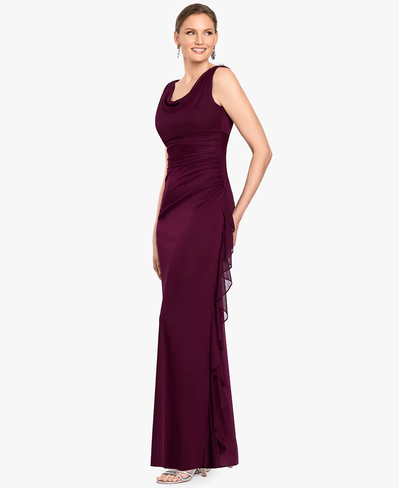 B&A By Betsy and Adam Women's Ruffle Side Cowl Neck Ball Gown