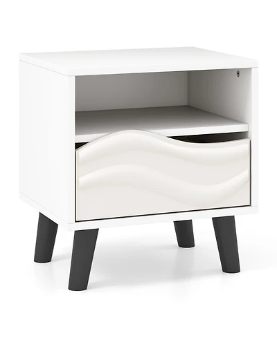Modern Nightstand with Wavy 3D Front and Open Shelf for Bedroom-White