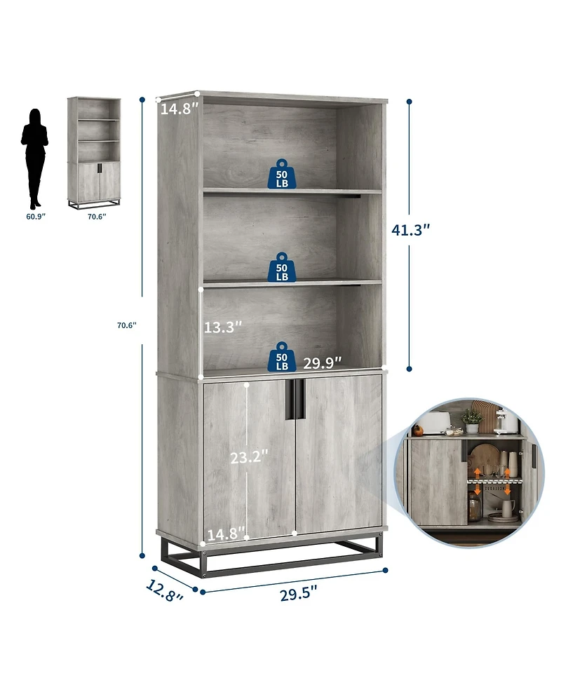 gaomon Tall 5-Tier Farmhouse Bookcase with Doors, Storage Cabinet and Adjustable Shelves