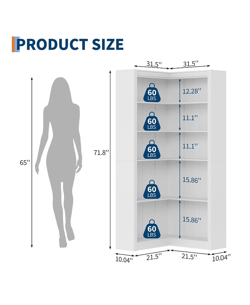 gaomon Large Industrial Corner Bookshelf - 5-Tier L-Shaped Wooden Display Shelves