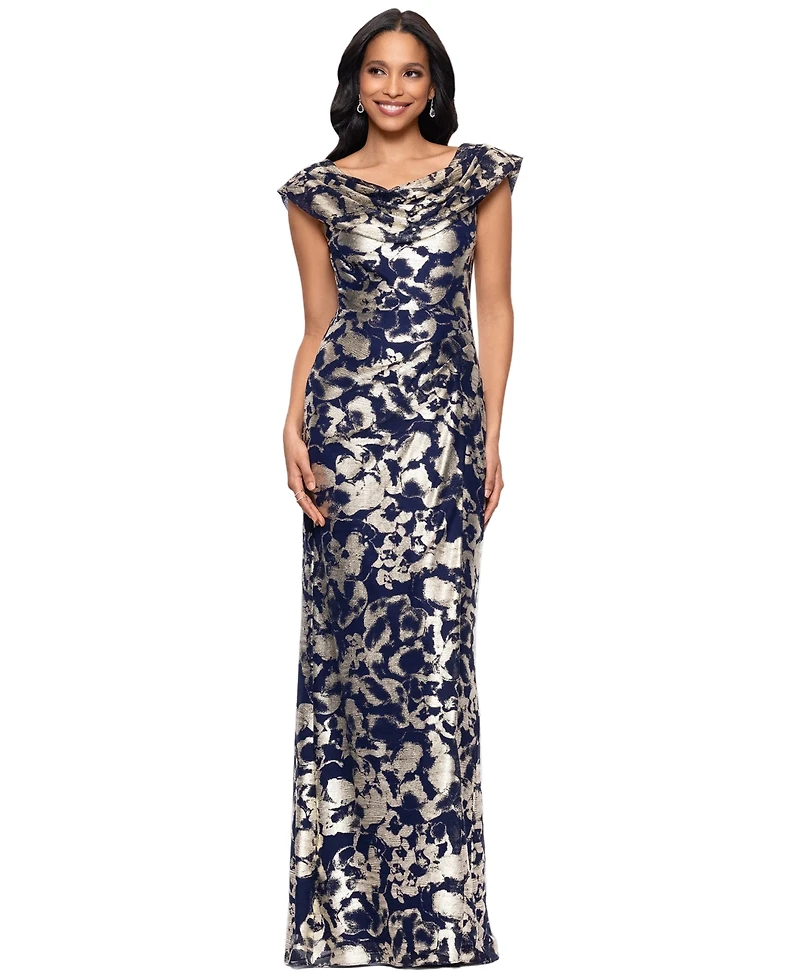 Betsy & Adam Petite Draped Neck Ball Gown