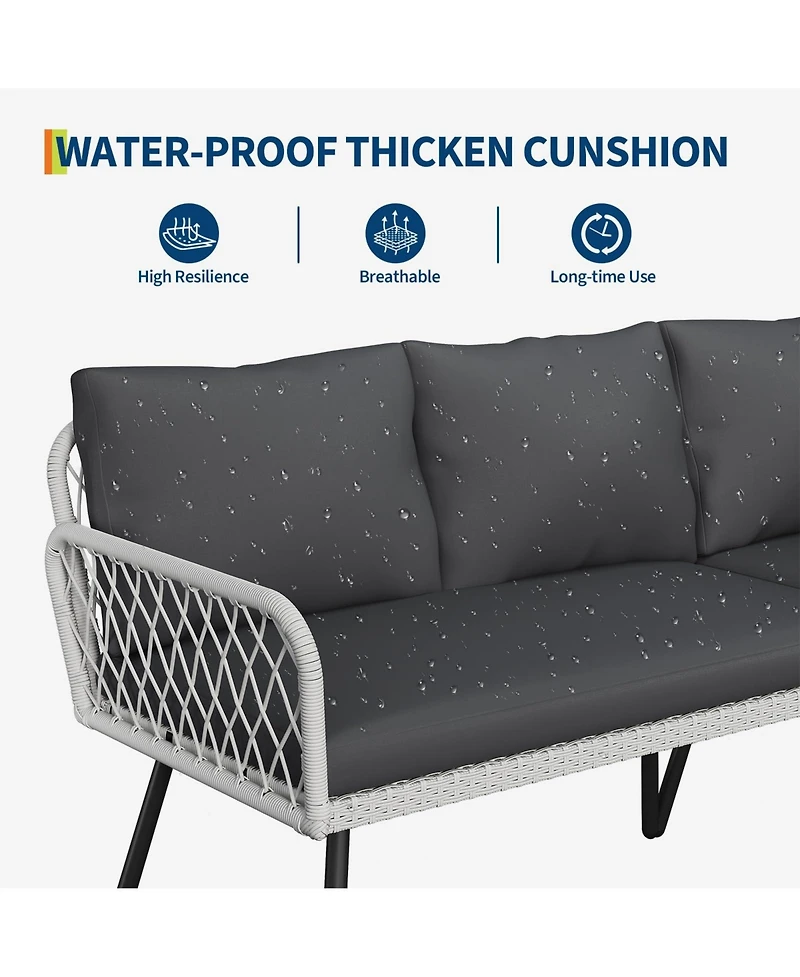 GarveeLife L-shaped Outdoor Furniture Set 4-Piece Patio Sectional Sofa with Handmade Rattan and Metal Frame, Conversation Couch Set