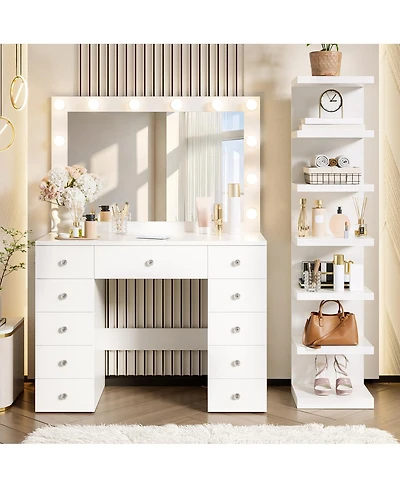 Streamdale Furniture Vanity Desk with 11 Hollywood Bulbs, 11 Drawers and 7-Tier Storage Shelves