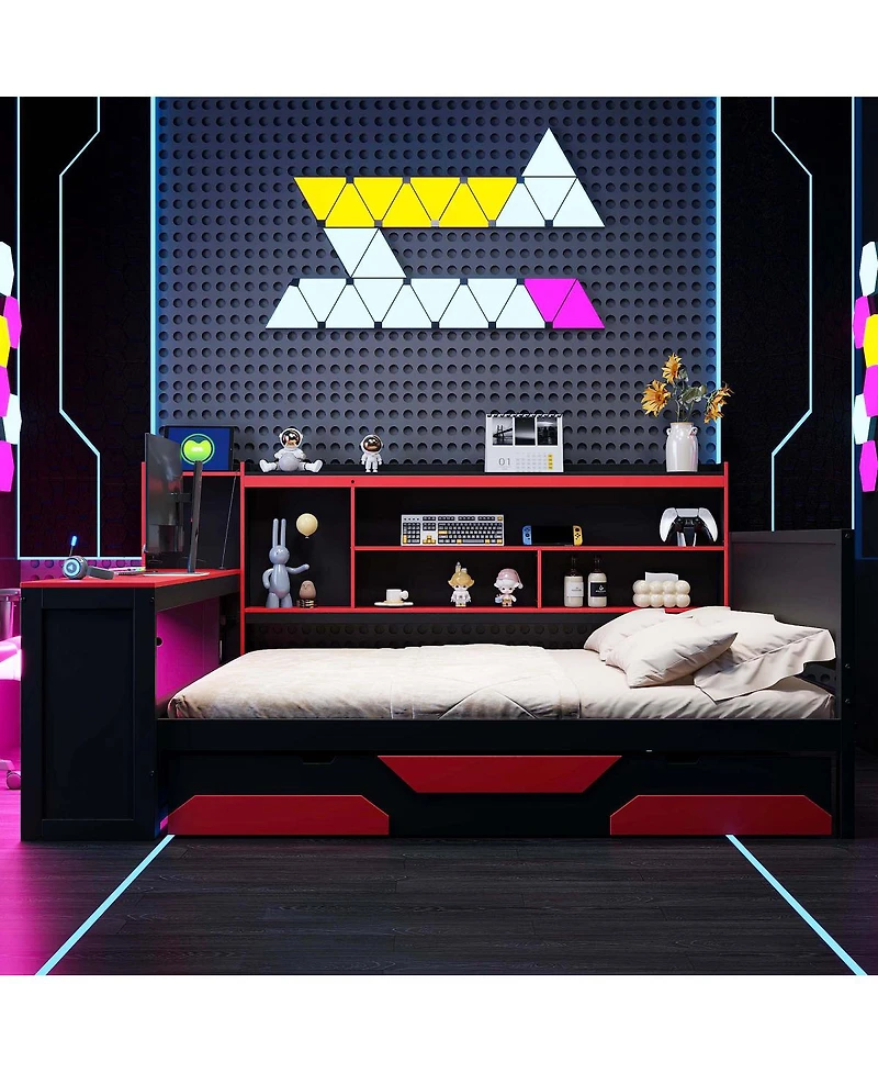 Streamdale Furniture Gaming Daybed with Desk, Storage, Lights and Charging Station