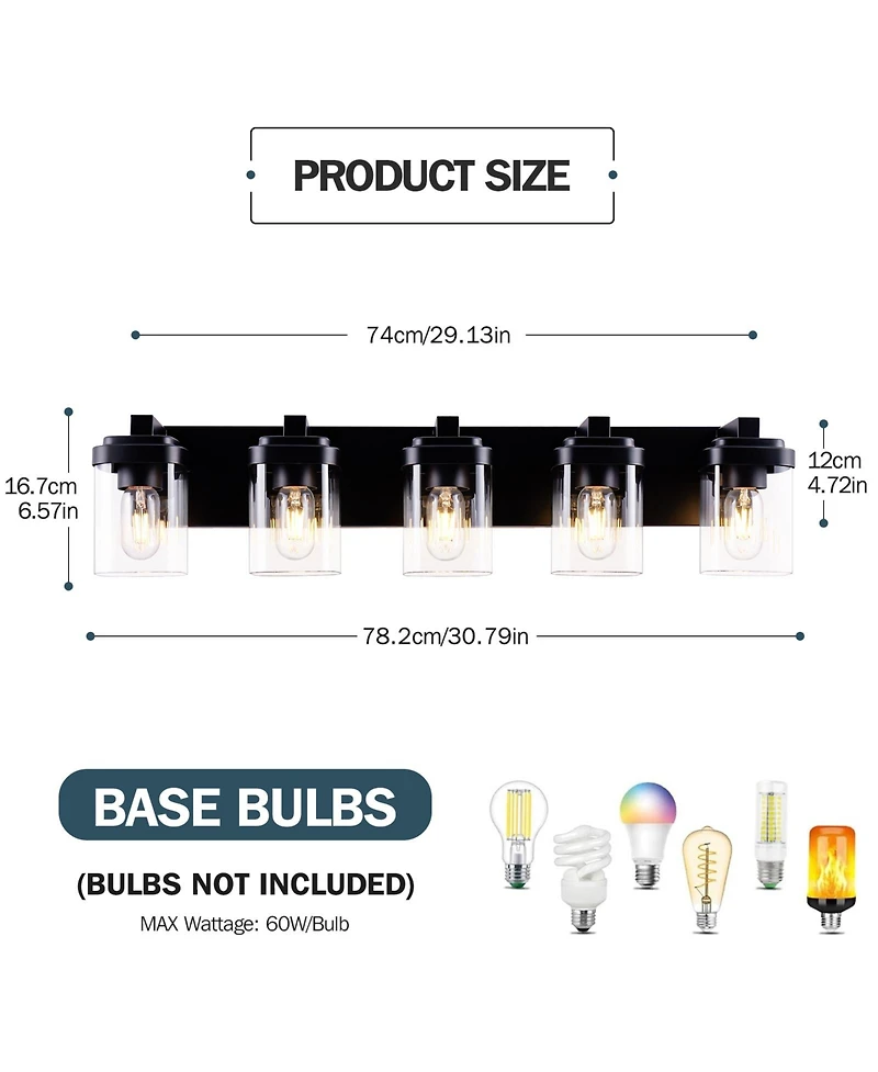 Busdays 5 Light Bathroom Vanity Light with Clear Glass Shade Wall Fixture Over Mirror for Bedroom Living Room No Bulbs