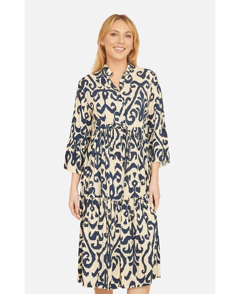 Yumi Women's 3/4 Sleeve Block Print Kaftan Dress