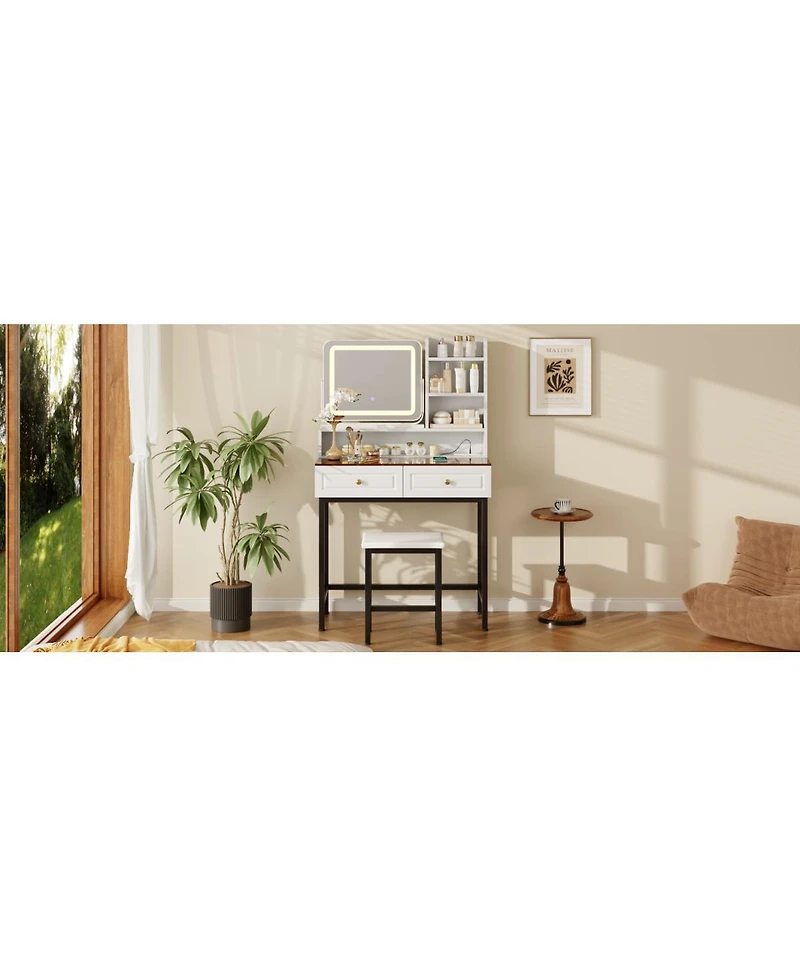 Streamdale Furniture Makeup Vanity with Led Mirror, 2 Drawers, Power Outlet and Stool