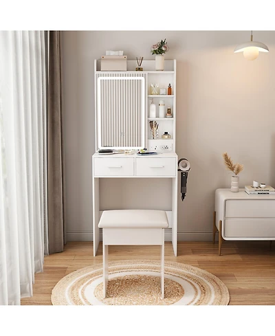 Rainsken Makeup Vanity Desk with Led Lighted Mirror, Dressing Table Set with Padded Stool, Power Outlet, 2 Drawers and 6 Shelves for Bedroom