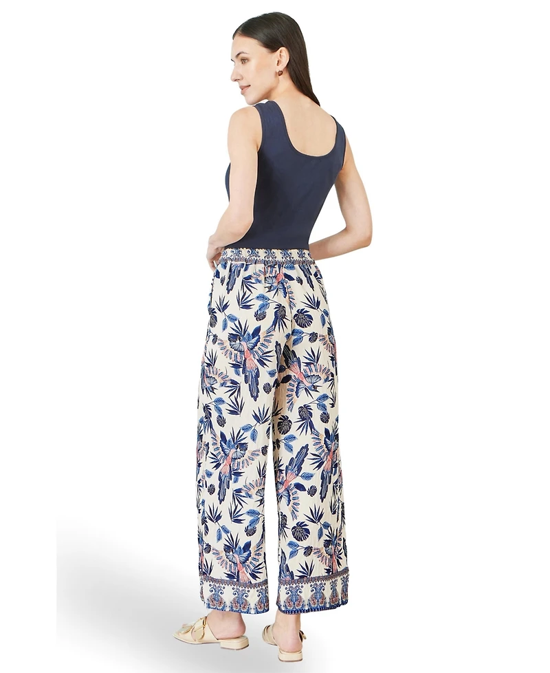 Yumi Women's Bird Print Viscose Wide Leg Trousers